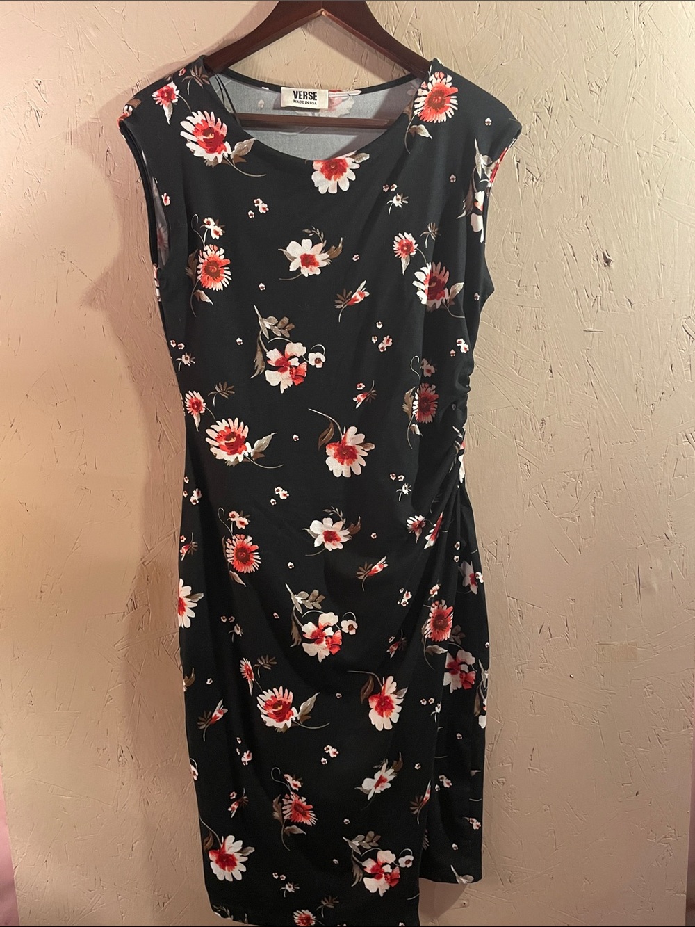Verse Black Floral Midi Dress with Red & White Blooms